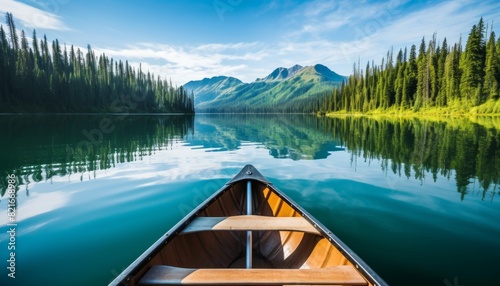 A wooden canoe on a calm lake surrounded by mountains and evergreen trees. The water is clear and blue, reflecting the sky and trees.