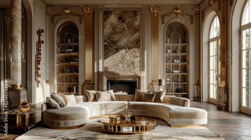 A luxurious Art Deco living room with gold accents, a curved sofa, and a marble fireplace surrounded by intricate molding.