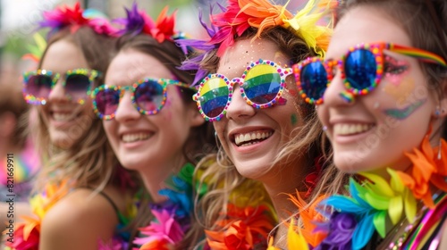 A group of friends with rainbow accessories, enjoying a pride parade
