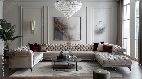 A modern glam living room with a crystal pendant light, a velvet sectional sofa, and metallic accents, combining modern elegance with glamorous flair.