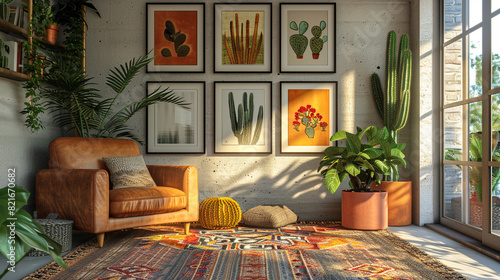 A modern Southwestern living room with a gallery wall of cactus prints, a leather armchair, and a sisal rug, blending contemporary style with desert-inspired decor for a unique and vibrant space.