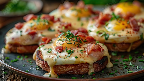 A plate of eggs Benedict with hollandaise sauce and Canadian bacon.