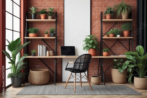Creative composition of Brick Red office interior, wooden desk, rattan sideboard, chair
