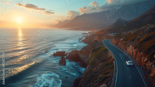 A self-driving car traveling along a winding coastal road, with ocean waves crashing against rocky cliffs and a picturesque sunset in the distance.