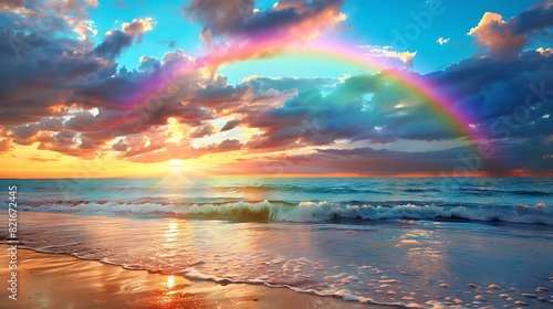 A rainbow style multi colored on the beach while the sun sets down on a beautiful cloudscape