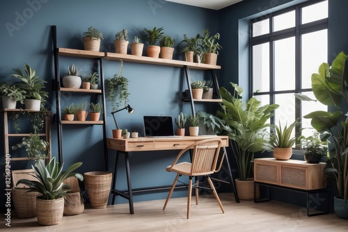 Creative composition of muted blue office interior, wooden desk, rattan sideboard, chair