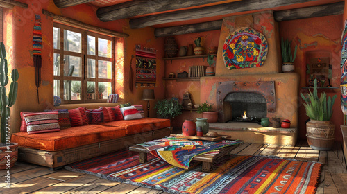 A Southwestern modern living room with adobe walls, a large fireplace, and earth-toned furniture accented by colorful Native American rugs and pottery, creating a warm and inviting space.