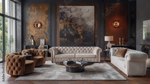 A transitional living room with a mix of masculine and feminine elements, featuring a tailored sofa, plush velvet armchairs, and metallic accents for a balanced look.