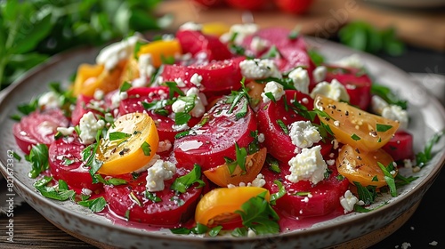 A plate of roasted beet salad with goat cheese.