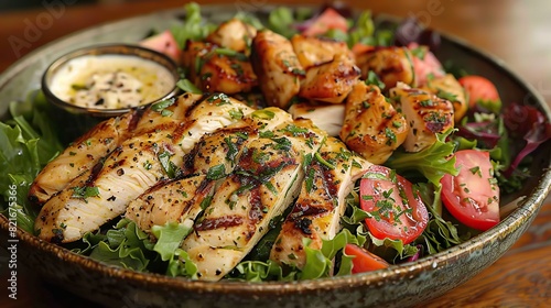 A plate of Caesar salad with grilled chicken.