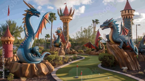 A whimsical mini-golf course features fantastical obstacles like dragons, castles, and hidden treasure holes.