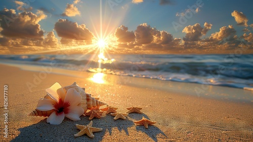  A starfish resting on the sandy beach next to a flower, while the sun illuminates the sky above