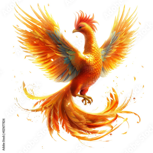 A vibrant phoenix bird with fiery feathers in mid-flight, symbolizing rebirth transparent background, PNG