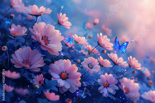 Flowers background with amazing spring sakura with butterflies. Flowers of cherries.