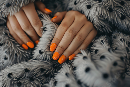 Woman's beautiful hand with long nails and bright manicure with bottles of nail polish