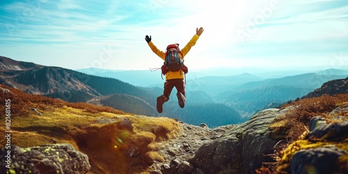Happy man with open arms jumping on the top of mountain - Hiker with backpack celebrating success outdoor - People, success and sport concept, Generative AI