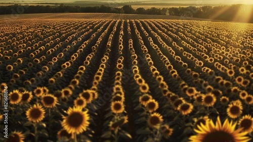  A vast sunflower field bathed in sunlight from the horizon