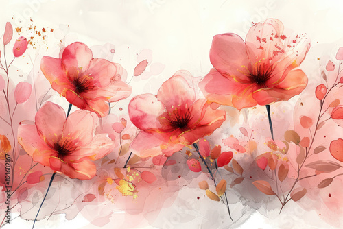 watercolor floral field of poppies, soft pink and red colors, clipart in the style of poppies on a white background with margins. Created with Ai 