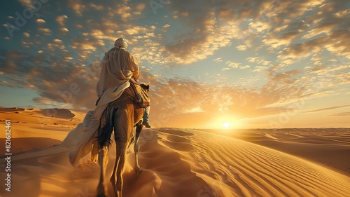 A man is riding a camel in the desert