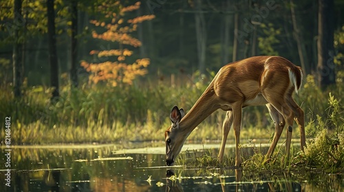 Deer grazes near water and forest
