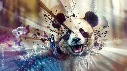  A painting of a pandemonium-filled panda bear, with eyes wildly open and mouth agape, adorned in splatter paint