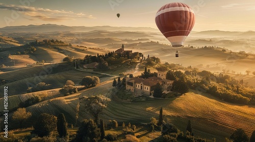  A hot air balloon soars over a quaint village nestled amidst rolling hills, framed by lush tree-lined vistas