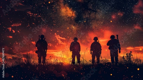 Silhouettes of soldiers stand against a starry sky at dusk, creating a powerful and solemn scene of honor.
