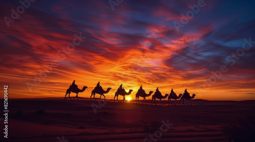 Group of Camels Walking Across Desert at Sunset