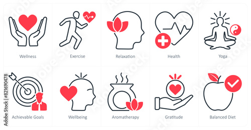 A set of 10 wellness icons as wellness, exercise, relaxation