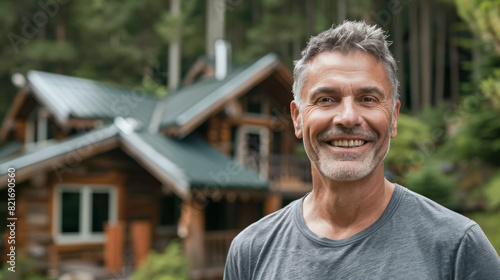 Portrait of a happy mature male in a nature retreat for a weekend , caucasian man in front of his forest cabin cottage house