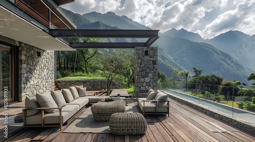 Outdoor living with mountain view decorate with rattan furniture There are wooden floor stone wall and surrounding with nature and mountains