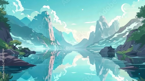  A digital painting of a serene mountain lake enclosed by rocks and lush vegetation beneath a radiant blue sky, with the water mirroring the sky's reflection