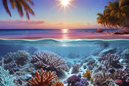 Colorful coral reefs with sunlight shining through the turquoise waters.