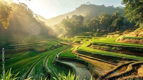  The sun illuminates rice terraces on mountain slopes in rural Vietnam's north