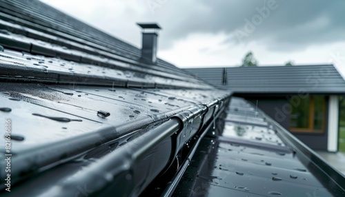 Black metal roof with water drops and chimney