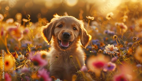 Cute puppy playing in a field of flowers