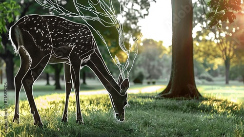  Drawing of deer in park with trees and grass in foreground, sunlight shining through trees