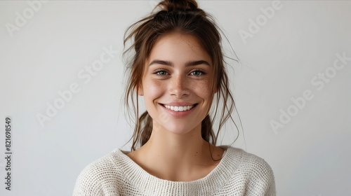A woman smiling with her hair pulled back.