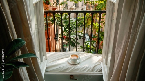  A coffee mug resting atop a windowsill bed, alongside a containerized flora