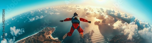 Capture the exhilarating moment of a skydivers free fall with the vast sky as the backdrop, invoking a sense of freedom and adrenaline rush