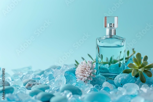 A bottle of light blue perfume rounded blue stones on a light turquoise background, free space