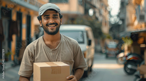 A Indian delivery man wearing a hat holding a delivery box, smiling and approaching, with a delivery truck