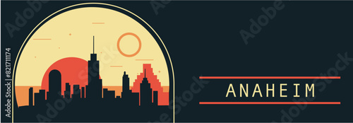 Anaheim city retro style vector banner with skyline, cityscape. USA California state vintage horizontal illustration. United States of America travel layout for web presentation, header, footer