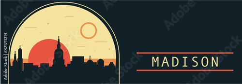 Madison city retro style vector banner with skyline, cityscape. USA Wisconsin state vintage horizontal illustration. United States of America travel layout for web presentation, header, footer