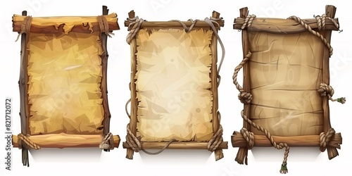 Decorative bamboo frames with aged parchment paper and rope embellishments in a cartoon design, isolated on a white background for use as a game UI board or sign.