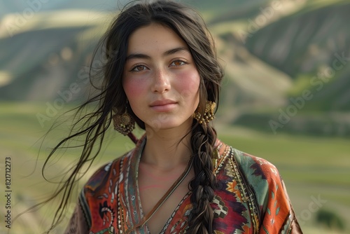A portrait of a beautiful young Kazakh woman in traditional dress with earrings and long hair with braids, against the backdrop of green mountains and fields