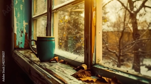  A cup of coffee sits on a windowsill next to a tree outside