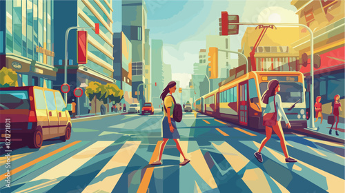 City street road traffic with pedestrian cartoon background