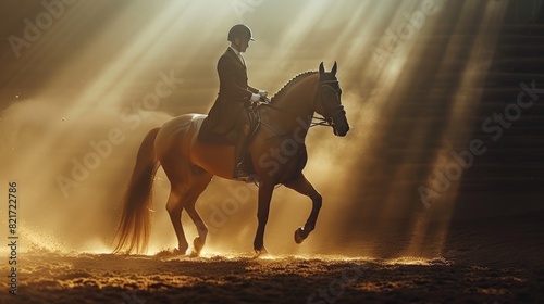 Equestrian in action on a majestic black horse, captured with a magical bokeh background in a forest setting. Generative Ai