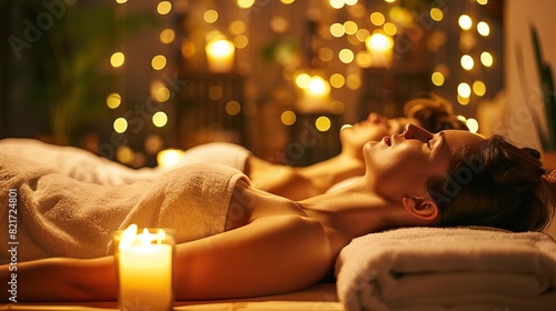 two customer having exfoliation treatment in luxury spa salon with warmth candle light ambient. Salt scrub beauty treatment in Health spa body scrub. Quiescent.